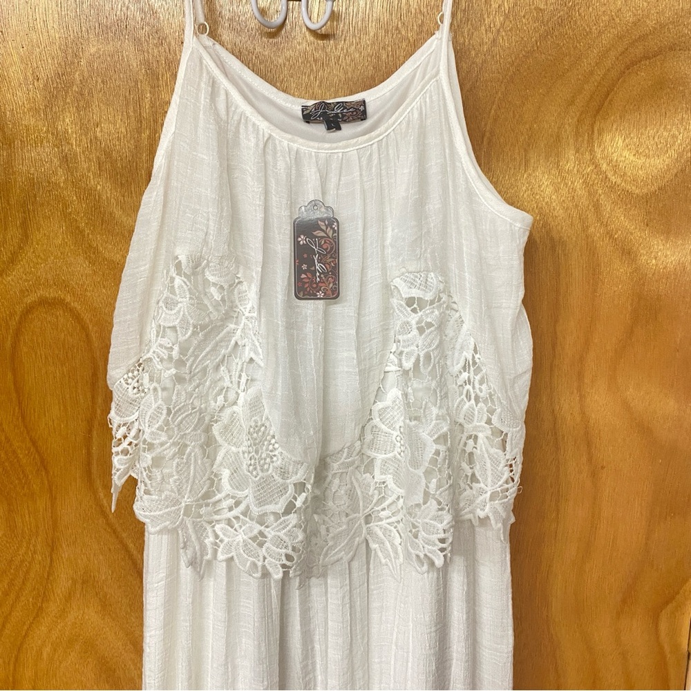 JGEE White Lace Maxi Dress Size Large w/ slip BOHO BRIDAL SOFT ELEGANT LINEN